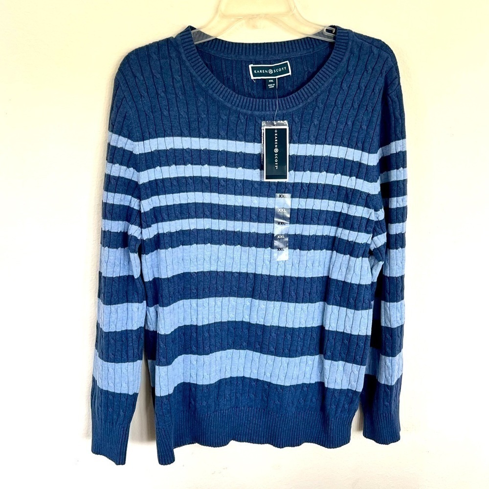 Karen Scott Blue Striped Pullover Crewneck Sweater